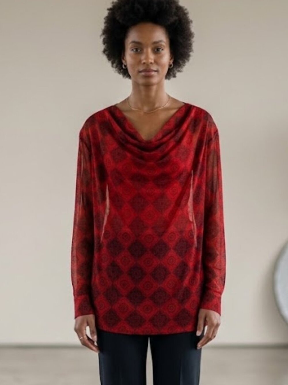 Cabi Size Small Sheer Red Blouse Cowl Neck Pullover 3/4 Button Sleeves Poet AOP